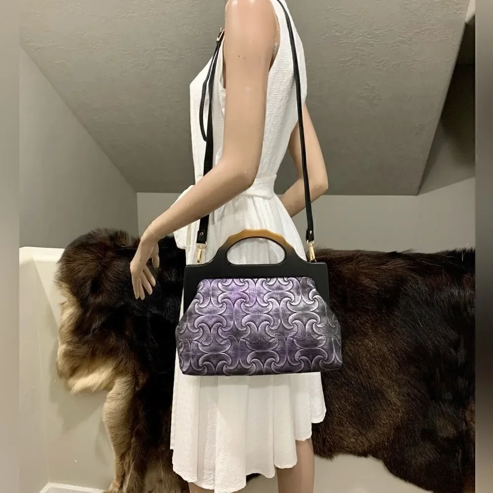 Handmade Genuine Embossed Leather Gradient Metallic Wooden Frame Bag/Crossbody